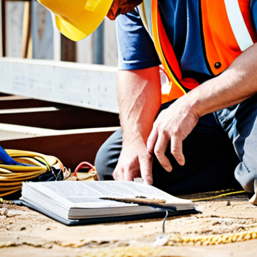 Home 11 **Prompt:** A journeyman electrician, mid-project, referring to a well-worn NEC code book on a construction site. Focus on the electrician's intense concentration and the tools of the trade scattered around. Emphasize the practical application of the code in a real-world scenario.