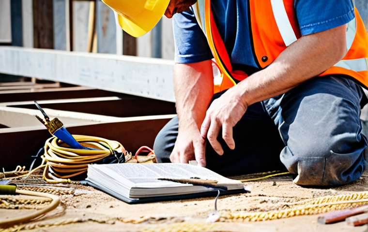 **Prompt:** A journeyman electrician, mid-project, referring to a well-worn NEC code book on a construction site. Focus on the electrician's intense concentration and the tools of the trade scattered around. Emphasize the practical application of the code in a real-world scenario.