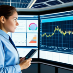 A focused female engineer, fully clothed in a professional, modest work uniform, stands in a high-tech industrial control room. She is looking at large holographic displays that visualize complex energy grid data, including real-time power flow from a distant, sprawling solar farm and wind turbines visible through a large panoramic window in the background. The room is modern, clean, and well-lit, emphasizing smart grid technologies. Perfect anatomy, correct proportions, natural pose, well-formed hands, proper finger count, natural body proportions, professional photography, high-resolution, safe for work, appropriate content, fully clothed, professional.
