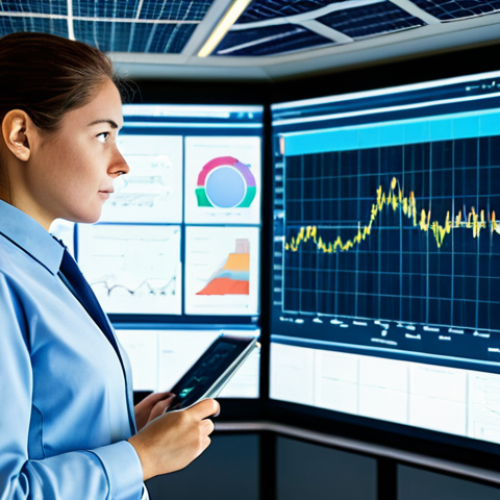 Home 6 A focused female engineer, fully clothed in a professional, modest work uniform, stands in a high-tech industrial control room. She is looking at large holographic displays that visualize complex energy grid data, including real-time power flow from a distant, sprawling solar farm and wind turbines visible through a large panoramic window in the background. The room is modern, clean, and well-lit, emphasizing smart grid technologies. Perfect anatomy, correct proportions, natural pose, well-formed hands, proper finger count, natural body proportions, professional photography, high-resolution, safe for work, appropriate content, fully clothed, professional.