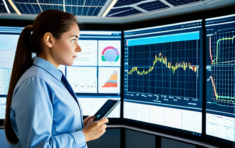A focused female engineer, fully clothed in a professional, modest work uniform, stands in a high-tech industrial control room. She is looking at large holographic displays that visualize complex energy grid data, including real-time power flow from a distant, sprawling solar farm and wind turbines visible through a large panoramic window in the background. The room is modern, clean, and well-lit, emphasizing smart grid technologies. Perfect anatomy, correct proportions, natural pose, well-formed hands, proper finger count, natural body proportions, professional photography, high-resolution, safe for work, appropriate content, fully clothed, professional.