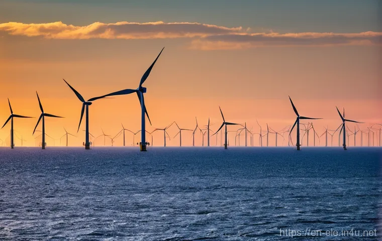 전기공사기사와 풍력 발전 시스템 - **"The Dawn of Wind Power"**
A breathtaking panoramic shot of a massive, state-of-the-art offsho...