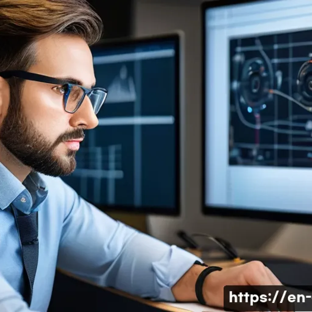 전기기사로서의 연간 업무 목표 설정 - A focused electrical engineer in a modern office setting, attentively working on a large computer sc...