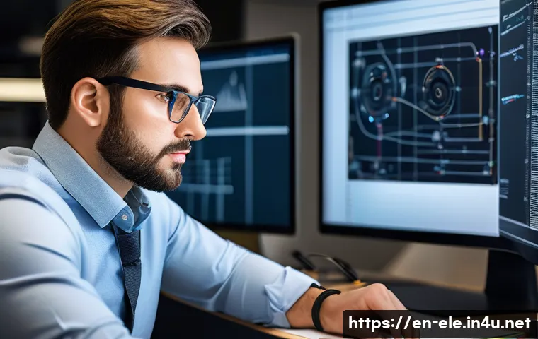 전기기사로서의 연간 업무 목표 설정 - A focused electrical engineer in a modern office setting, attentively working on a large computer sc...