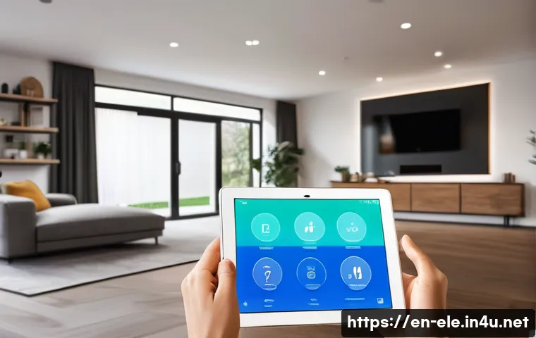 전기기사와 전력 수요 관리 기술 - A modern smart home interior showcasing a diverse family using multiple smart appliances like progra...