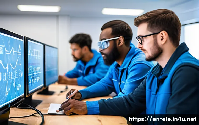 전기분야 자격증 시험 합격률 분석 - A diverse group of adult electrical certification candidates in a modern classroom setting, focused ...