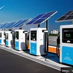 Home 20 전기기사와 전기차 충전소 설계 - A modern urban electric vehicle charging station featuring multiple DC fast chargers with sleek, wea...