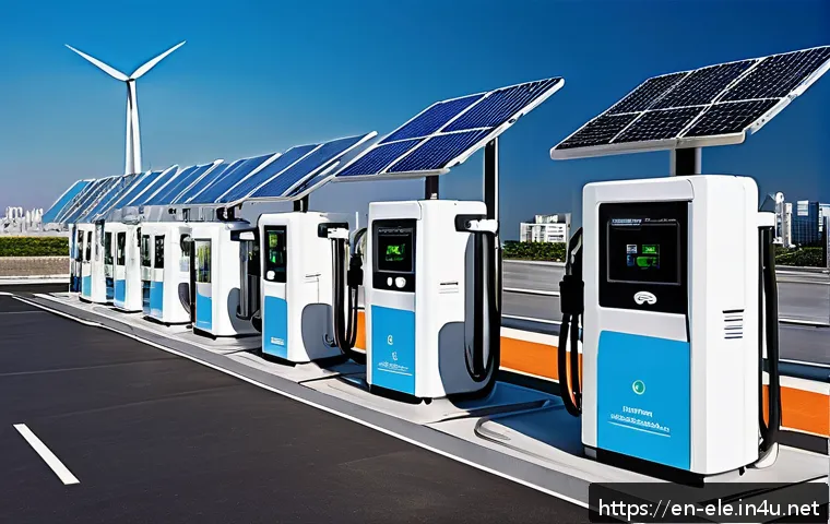 전기기사와 전기차 충전소 설계 - A modern urban electric vehicle charging station featuring multiple DC fast chargers with sleek, wea...