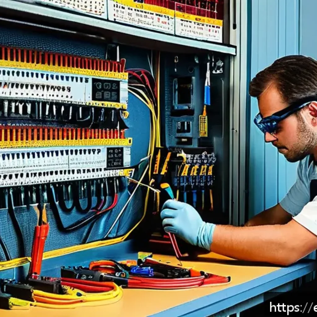 전기기사 실기시험 채점 기준 - A professional electrician in a well-lit workshop carefully wiring an electrical circuit board, wear...