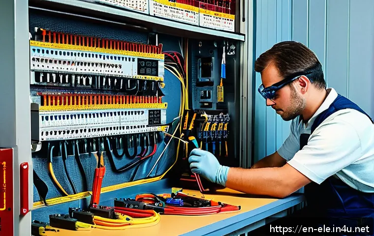 전기기사 실기시험 채점 기준 - A professional electrician in a well-lit workshop carefully wiring an electrical circuit board, wear...