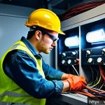 Home 18 전기기사와 전기 재해 대비 전략 - A detailed, realistic scene of an electrician working in a cramped indoor electrical panel room with...