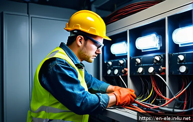 전기기사와 전기 재해 대비 전략 - A detailed, realistic scene of an electrician working in a cramped indoor electrical panel room with...