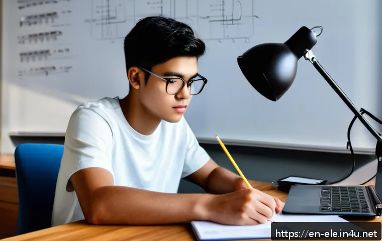 전기기사 시험 실패 후 재도전 방법 - A focused study scene showing a young adult electrical engineering student sitting at a modern desk ...