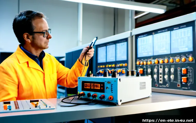 Home 17 전기분야 최신 기술 트렌드 - Photorealistic modern electrical engineering laboratory, a diverse middle-aged engineer in safety gl...