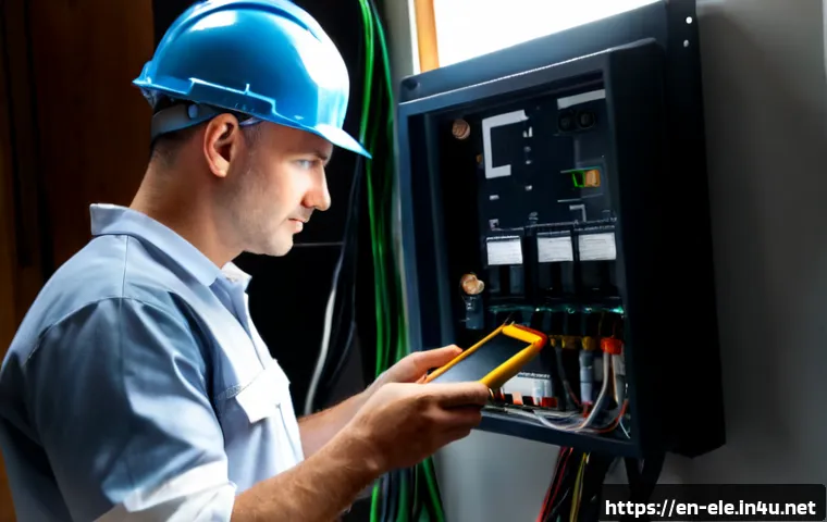 전기공사기사와 에너지 절약 기술 - Photorealistic residential electrical contractor in clean safety gear inspecting a modern home elect...